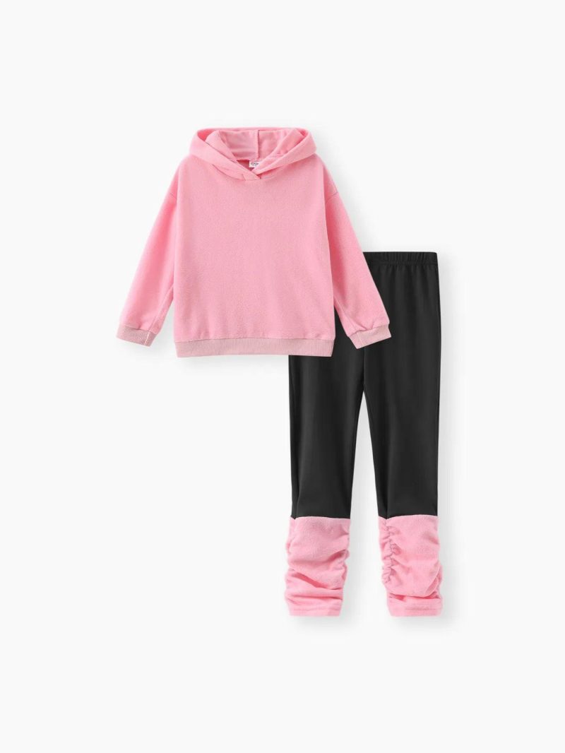 Sets | Girls 2pcs Ear Design Polar fleece Hoodie Sweatshirt amd Colorblock Splice Leggings Set Pink|Brown