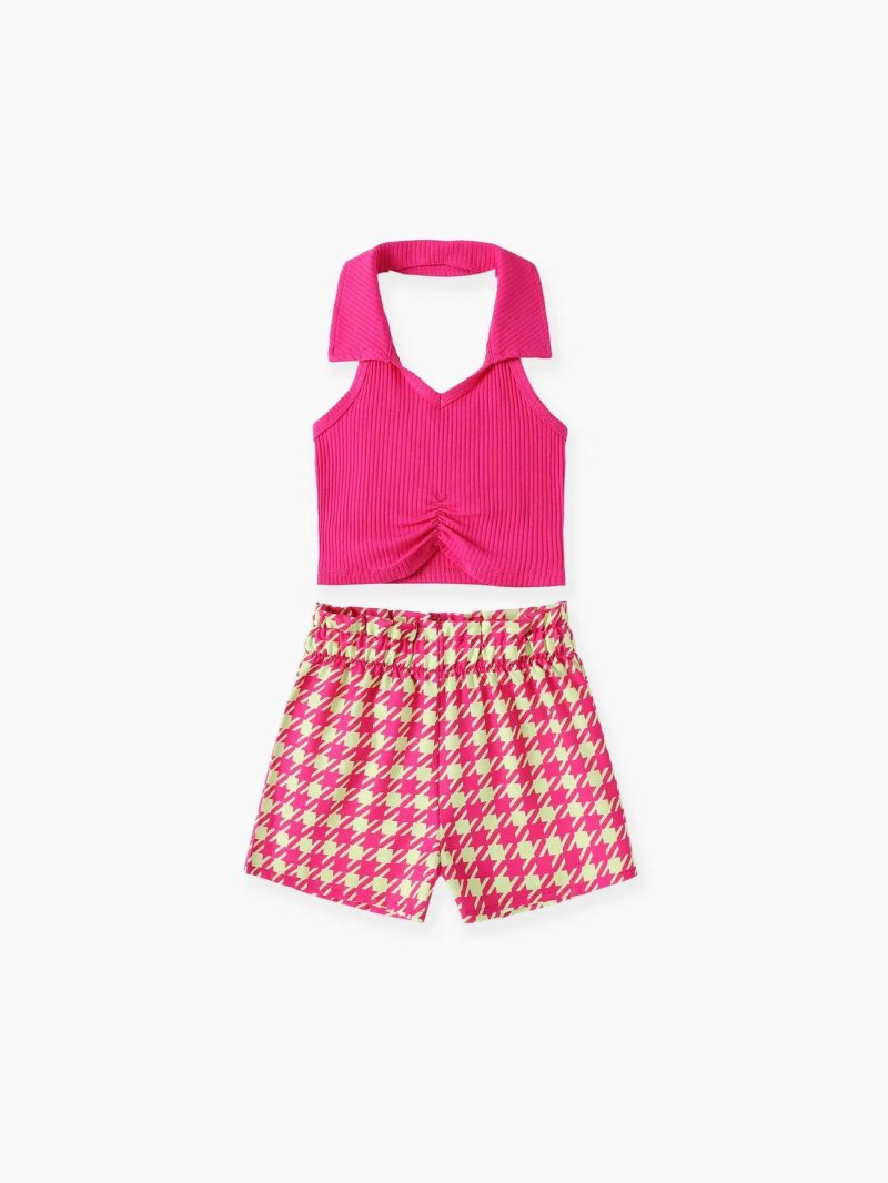 Sets | Girls 2pcs Fashionable Lapel Tank Top and Grid Print Shorts Set Roseo