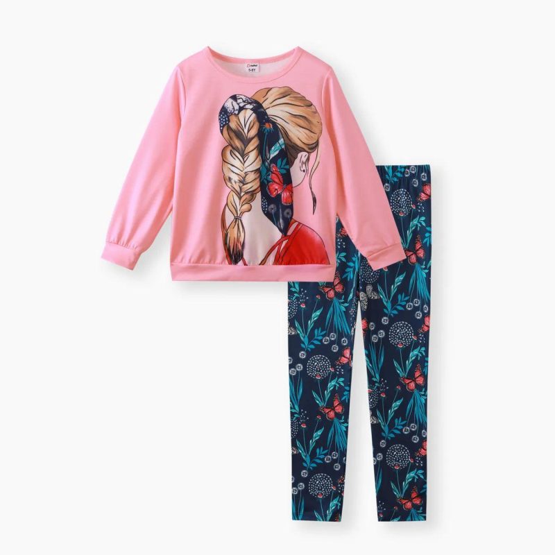 Sets | Girls 2pcs Figure Print Pink Sweatshirt and Floral Print Leggings Set Pink