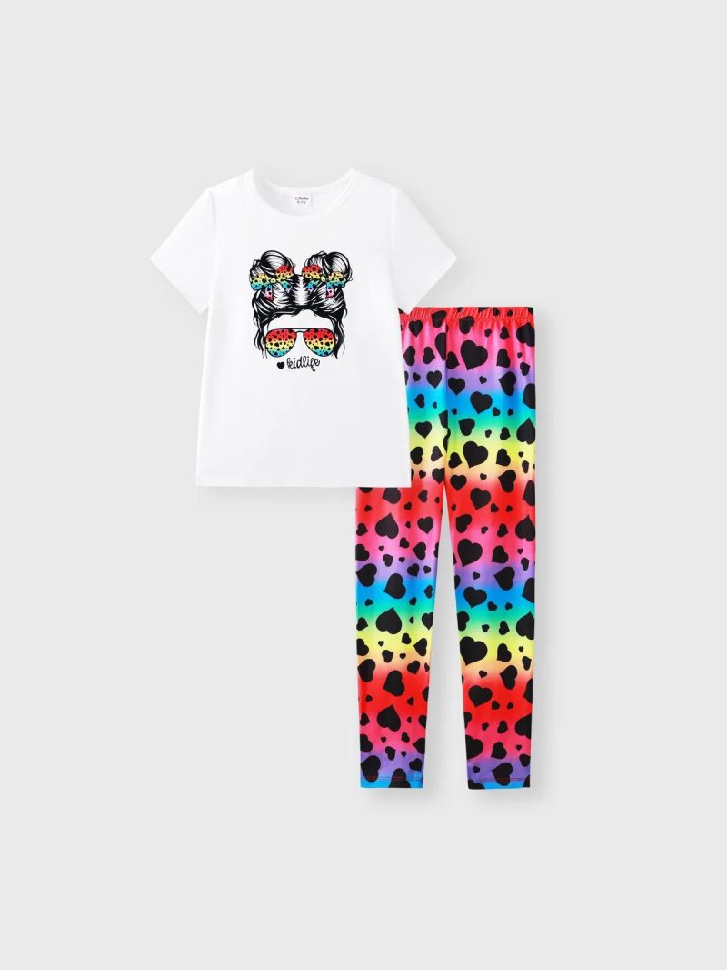 Sets | Girls 2pcs Figure Print Short-sleeve Tee and Heart Print Colorful Pants Set Colorful