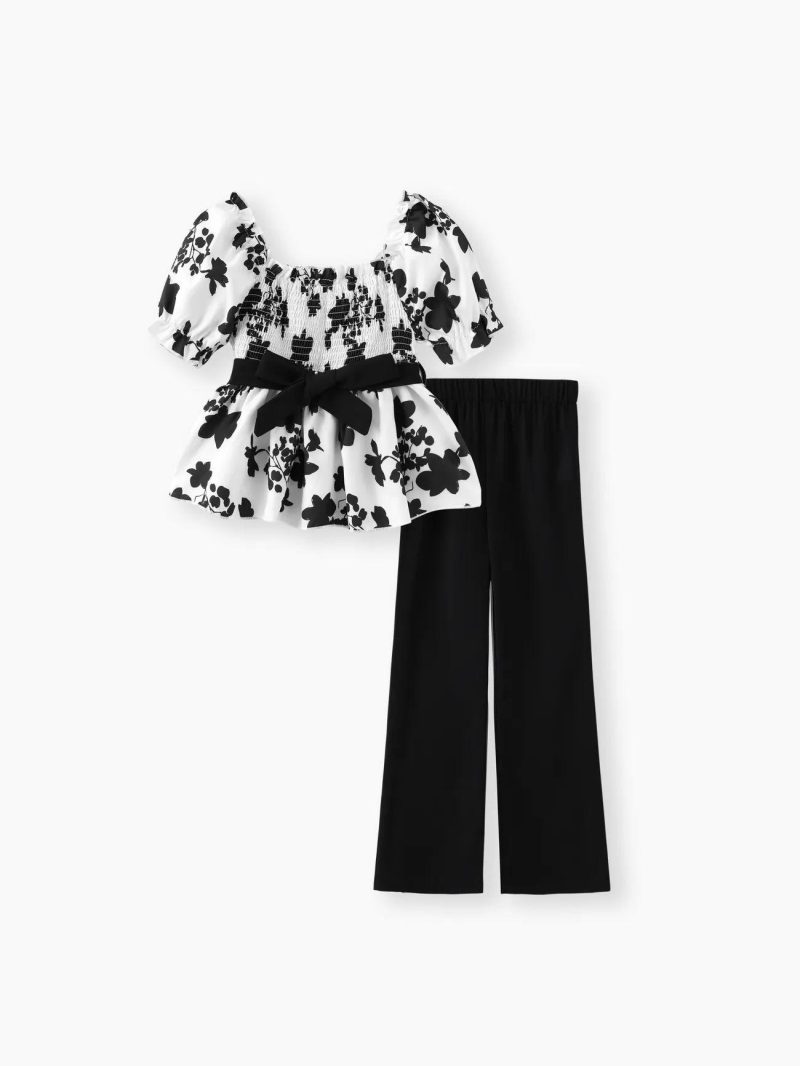 Sets | Girls 2pcs Floral Print Belted Smocked Top and Solid Pants Set   Black