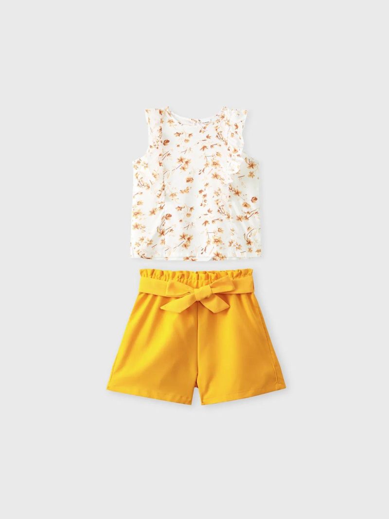 Sets | Girls 2Pcs Floral Print Ruffled Tank Top and Belted Shorts Set Yellow|Dark Green