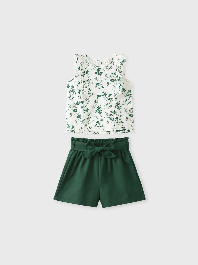 Sets | Girls 2Pcs Floral Print Ruffled Tank Top and Belted Shorts Set Yellow|Dark Green