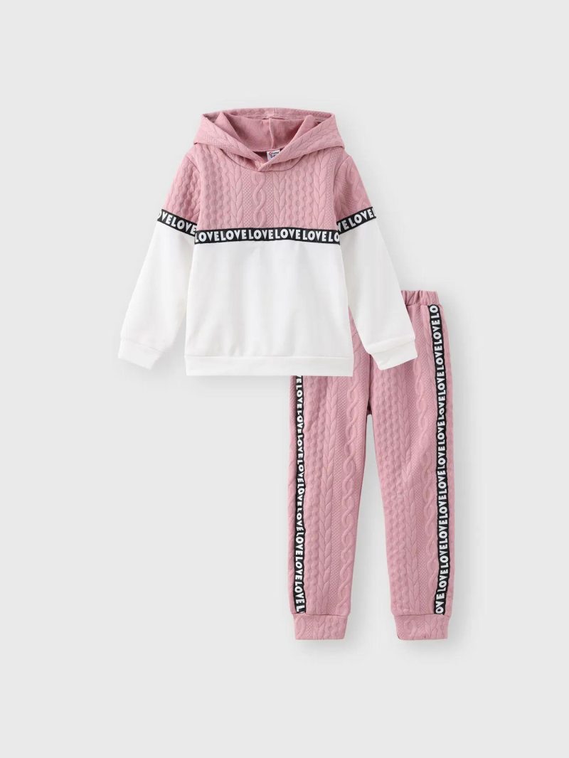 Sets | Girls 2pcs Leter Print Cable Knit Textured Colorblock Hoodie Sweatshirt and Pants Set Pink