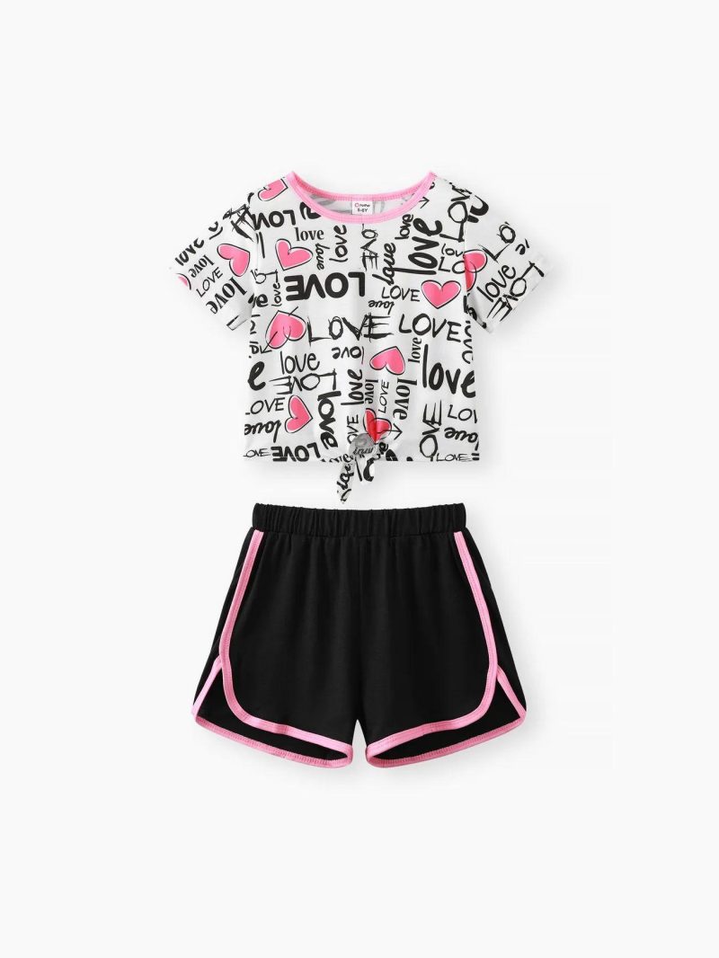 Sets | Girls 2pcs Letter Print Bandage Shorts Set, Casual Regular for Kid Girls (95% Polyester, 5% Spandex) White|Pink