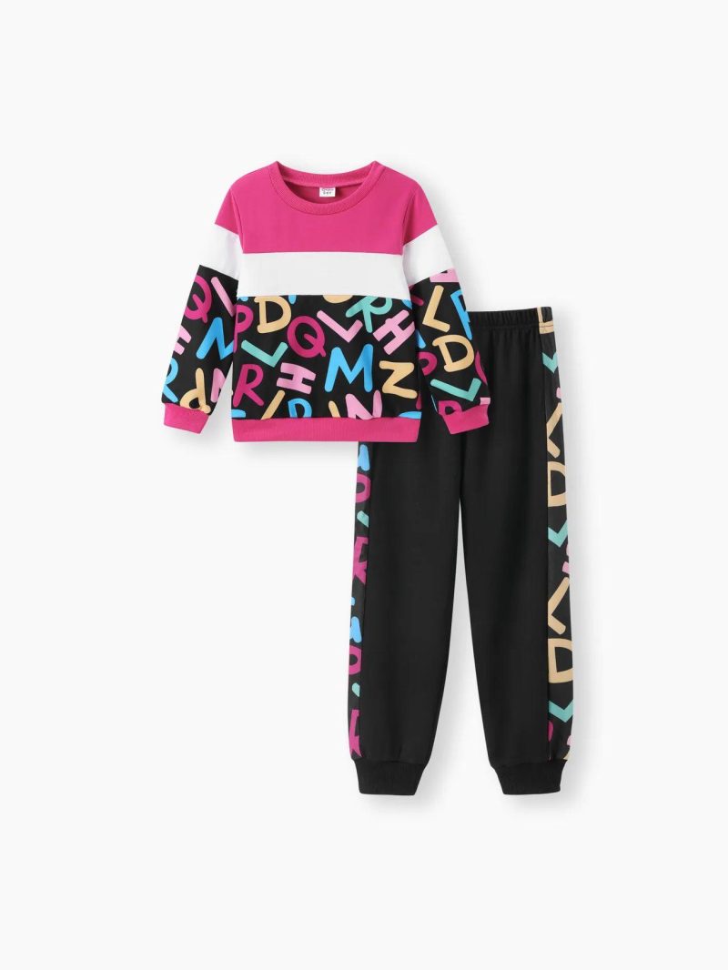 Sets | Girls 2pcs Letter Print Colorblock Sweatshirt and Elasticized Pants Set Pink