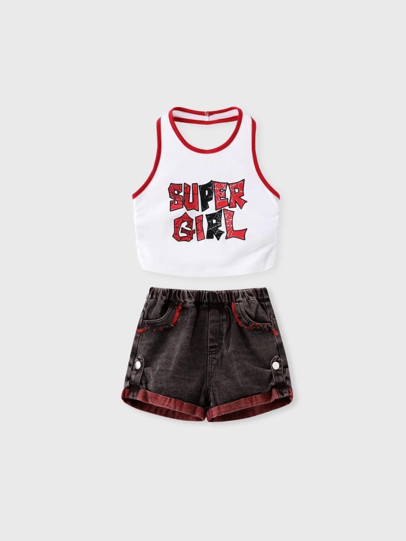 Sets | Girls 2pcs Letter Print Halter Top and Denim Shorts Set Redwhite