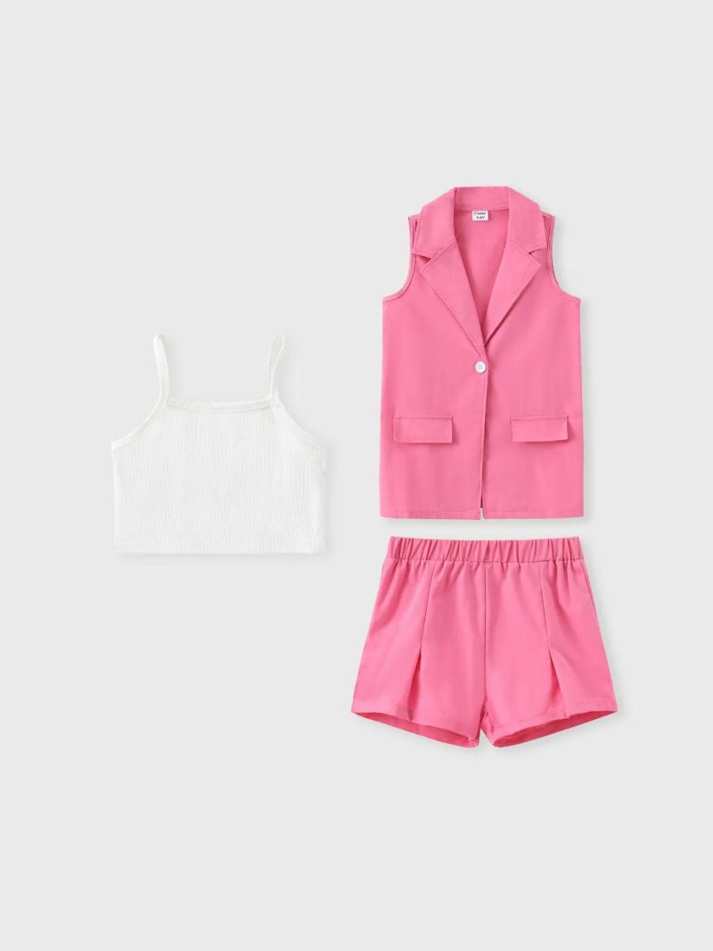 Sets | Girls 2pcs Solid Color Avant-garde Lapel Suit in 100% Polyester for Kids Pink