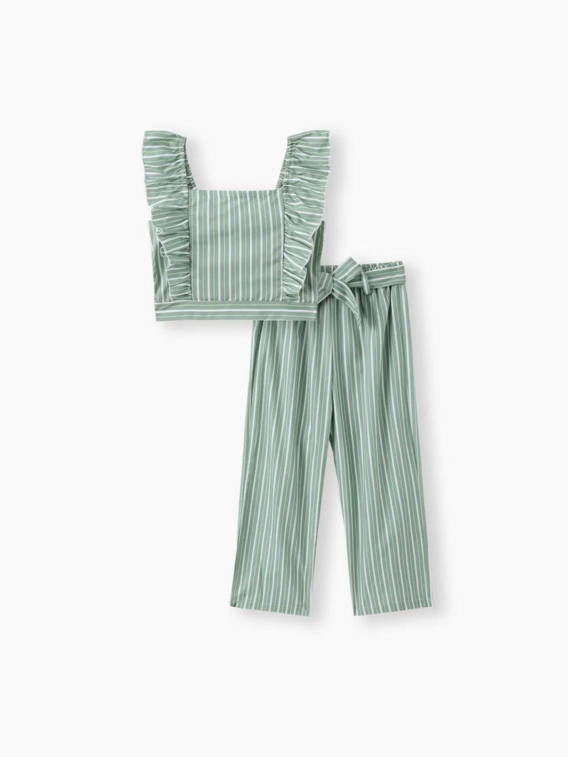 Sets | Girls 2Pcs Stripe Ruffled Tank Top and Pants Set Green|Blue