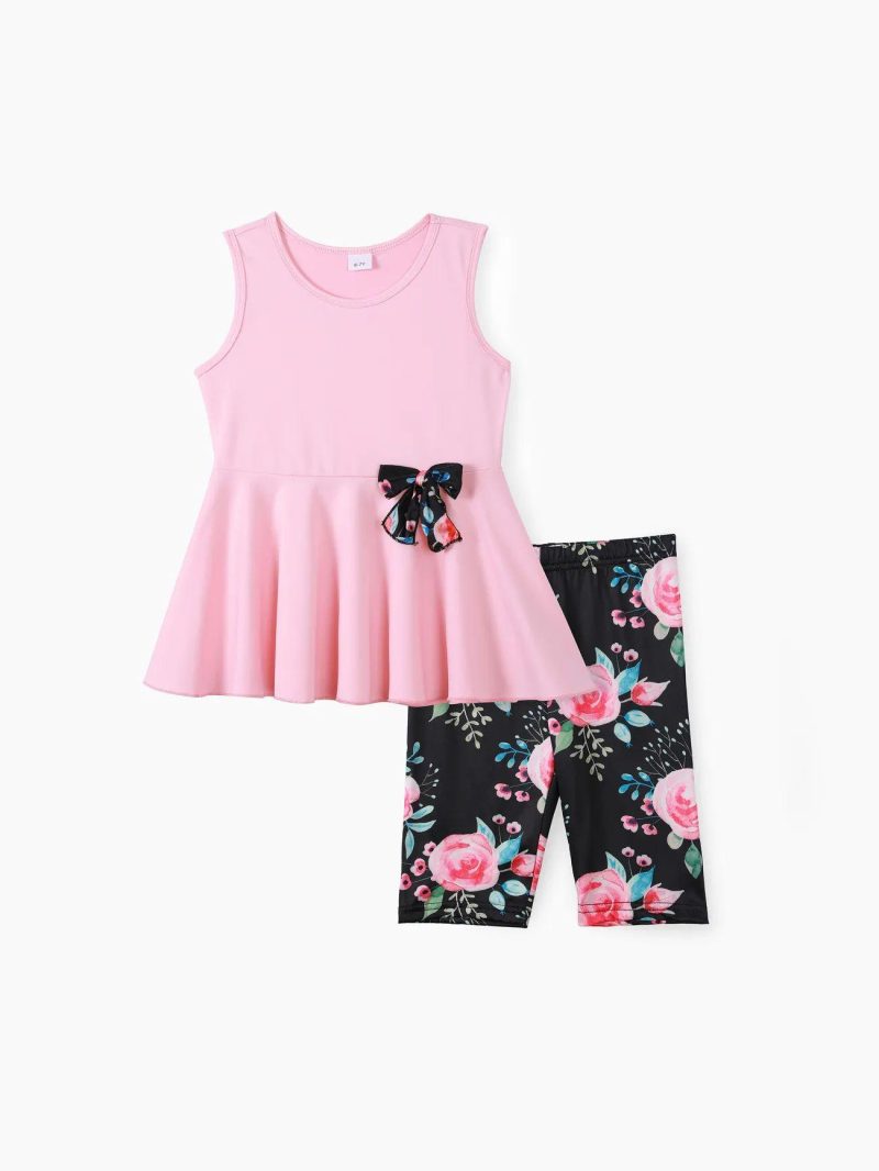 Sets | Girls 2pcs Sweet Sleeveless Top and Floral Print Leggings Set Pink|Yellow