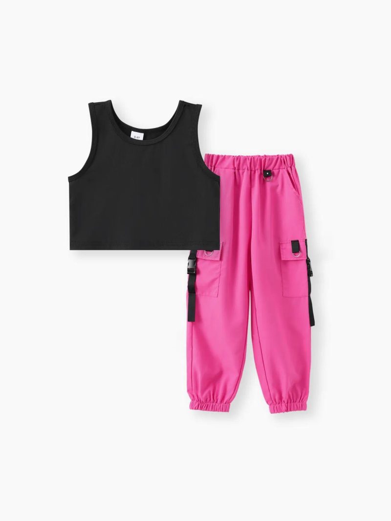 Sets | Girls 3pcs Avant-garde Suit with Patch Pocket: Polyester, Machine Washable Hot Pink