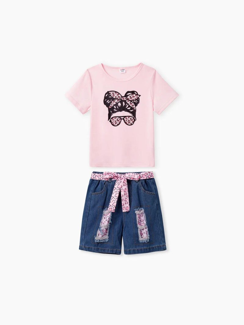 Sets | Girls 3pcs Character Avant-garde Hole Jeans Suit Pink