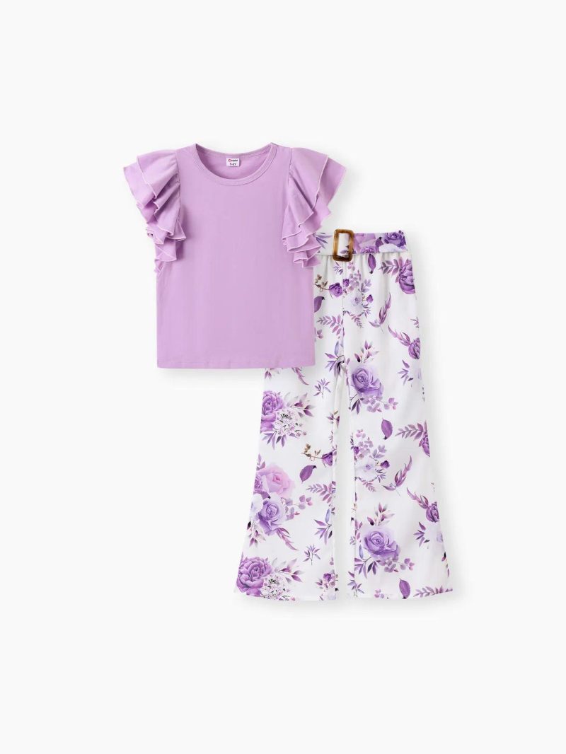 Sets | Girls 3pcs Kids Girl Flutter Sleeve Top and Floral Pattern Pants with Belt Set Purple