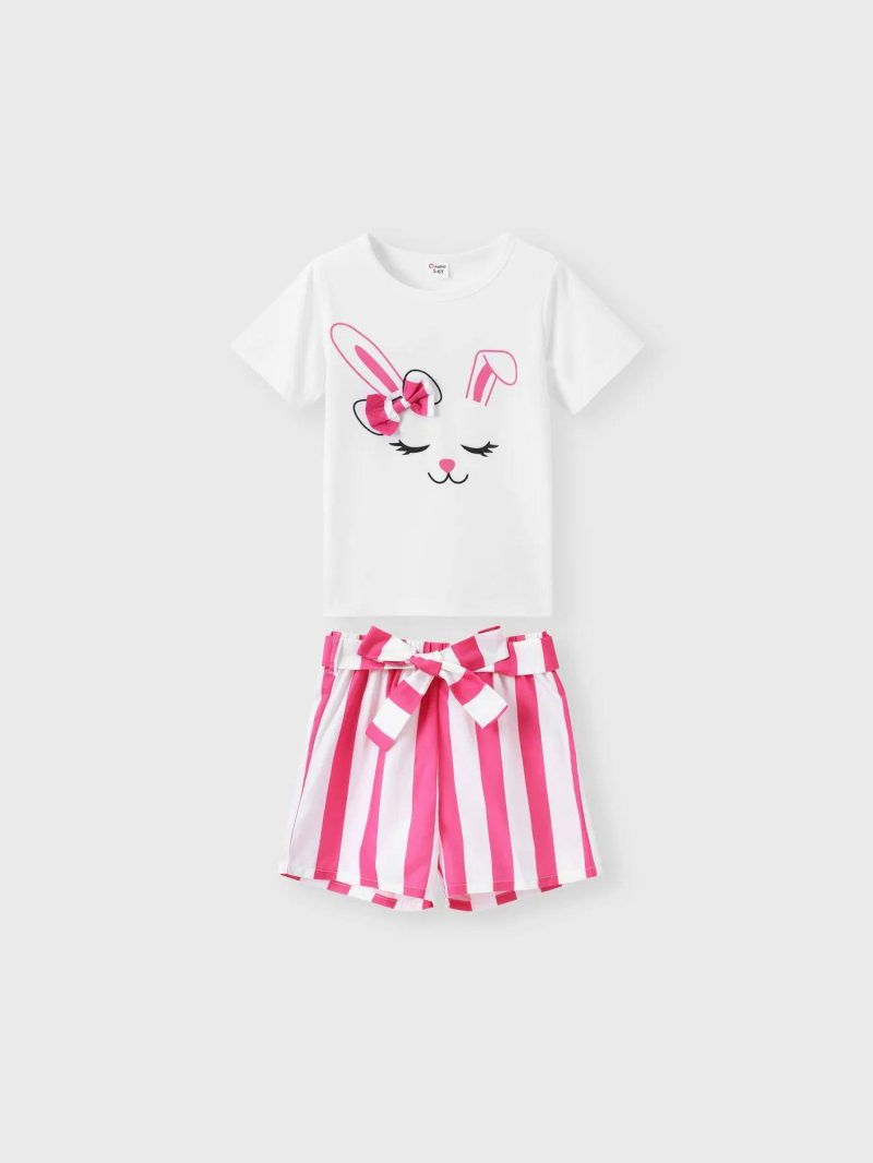 Sets | Girls Easter 2pcs 3D Bowknot Design Rabbit Print Tee and Stripe Belted Shorts Set Pink