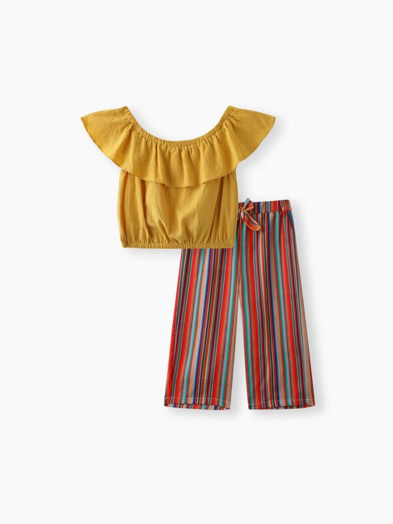 Sets | Girls Pretty Solid Flounced Collar Top and Striped Pants Set Orange