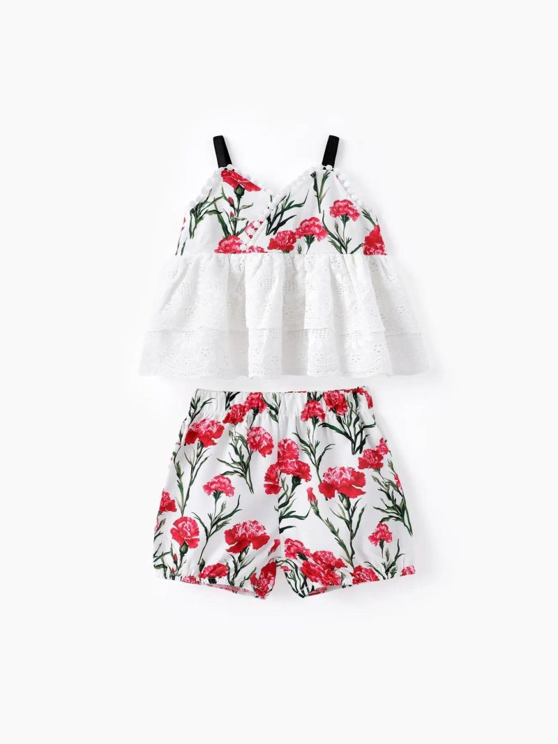 Sets | Girls|Baby Girls|Toddler Girls 2pcs Floral Print Mesh Camisole and Shorts Set White