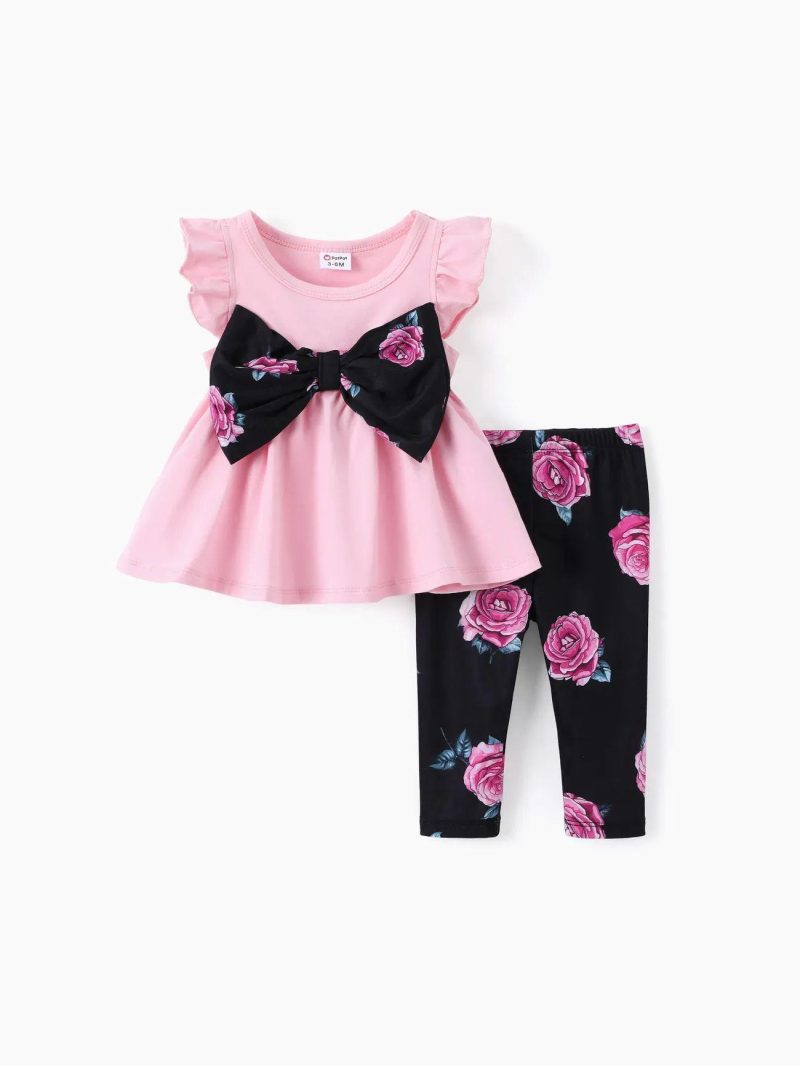 Sets | Girls|Baby Girls|Toddler Girls 2pcs Sweet Bowknot Flutter-sleeve Top and Floral Print Leggings Set Pink