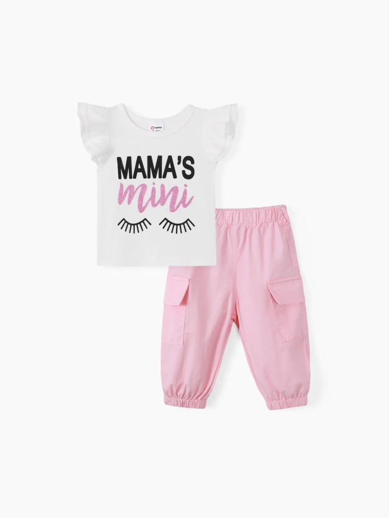 Sets | Girls|Baby Girls|Toddler Girls 3pcs Letter Print Tee and Cargo Pants with Fanny Pack Set Pink