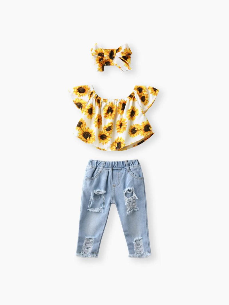 Sets | Girls|Baby Girls|Toddler Girls 3pcs Sweet Off-Shoulder Tee and Denim Jeans and Heandband Set White|Black