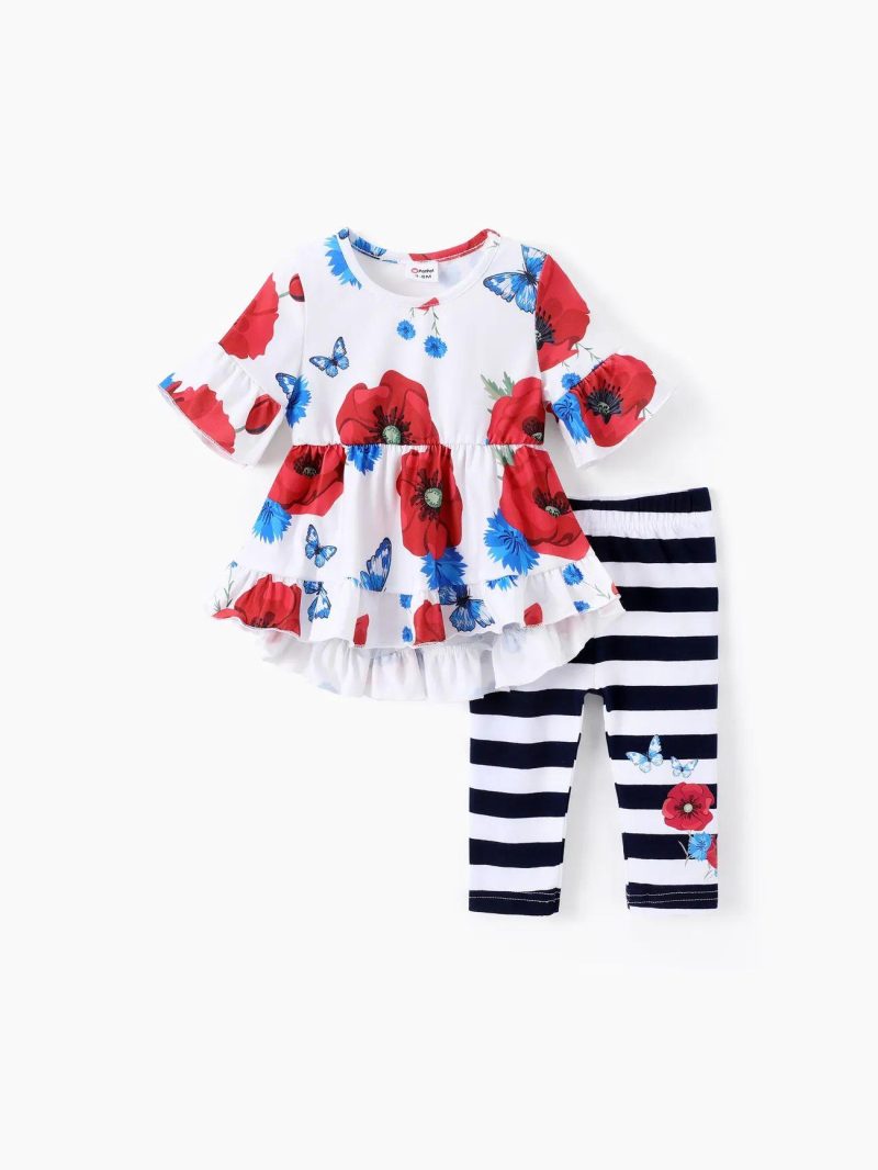 Sets | Girls|Baby Girls|Toddler Girls Kid 2pcs Sweet FloralTop and Striped Leggings Set Red