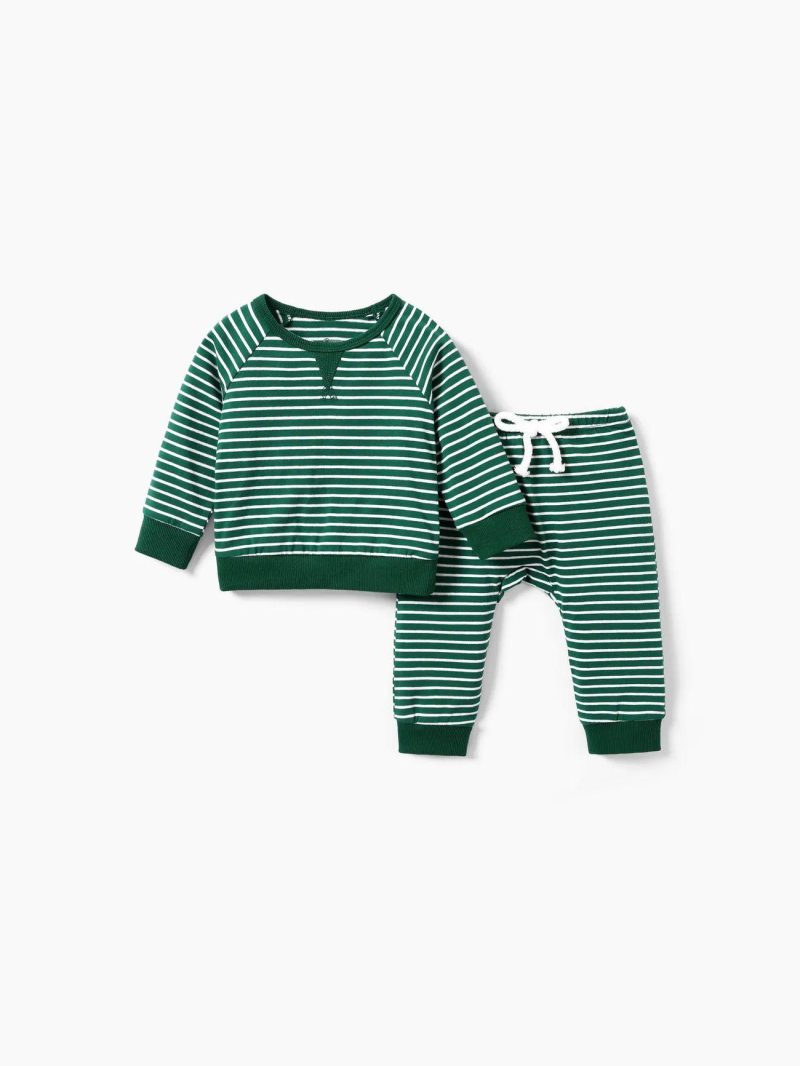 Sets | Girls|Boys|Baby Girls|Baby Boys|Toddler Girls|Toddler Boys 2pcs Toddler Stripe Raglan Sleeve Cotton Sweatshirt and Pants Set Green|Red|Black|Flecked Grey