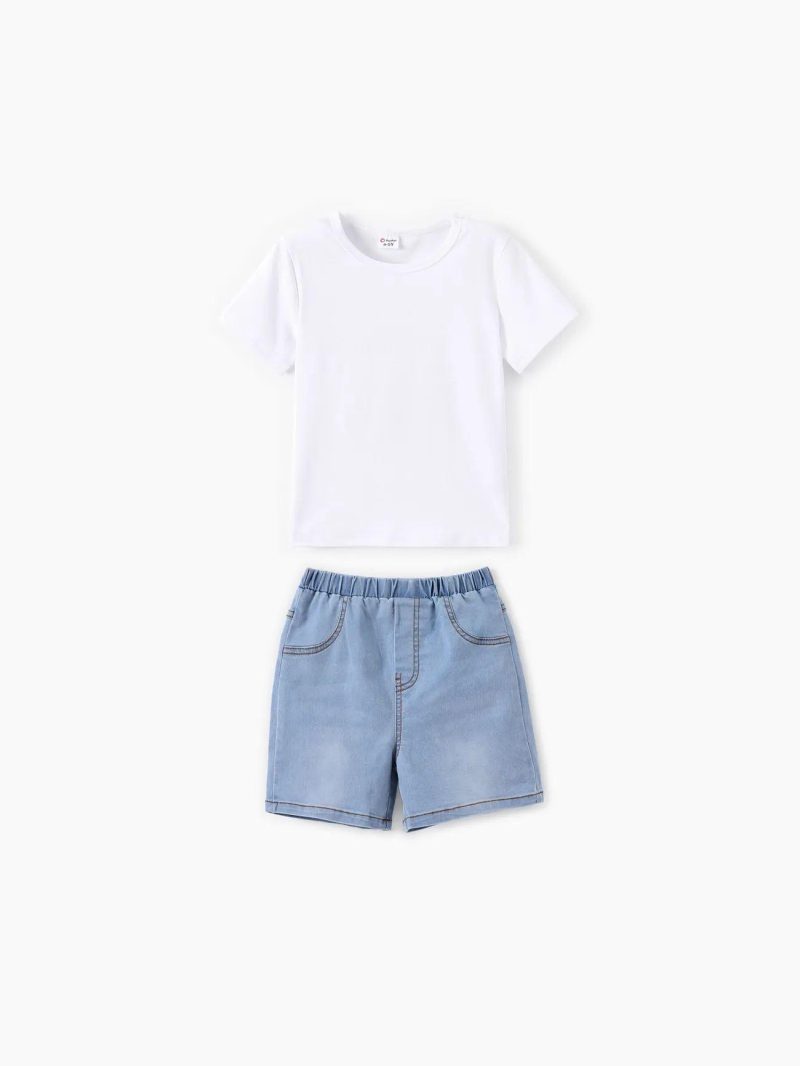 Sets | Girls|Boys|Toddler Girls|Toddler Boys Kid 2pcs Cooling Denim Solid Tee and Shorts Set Light Blue|Deepblue