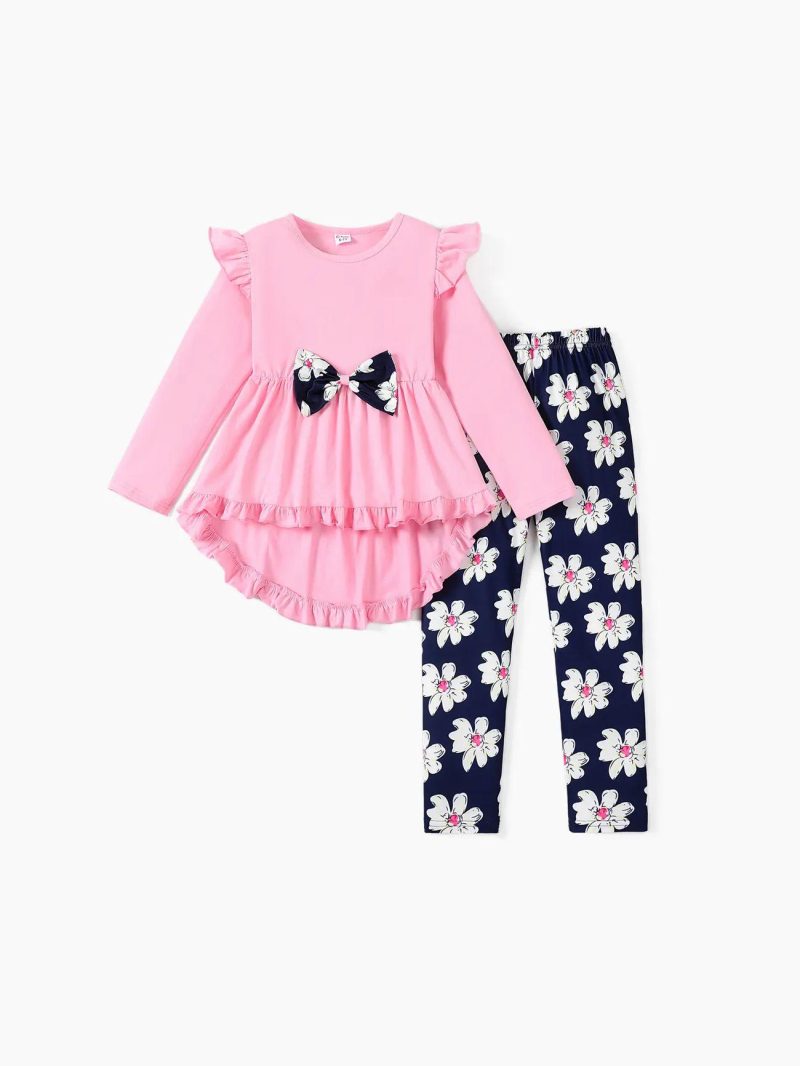 Sets | Girls|Toddler Girls 2-piece Bowknot Ruffled Long-sleeves Tee and Flower Allover Print  Pants Pink|Beige|Green|Brown|Light Purple