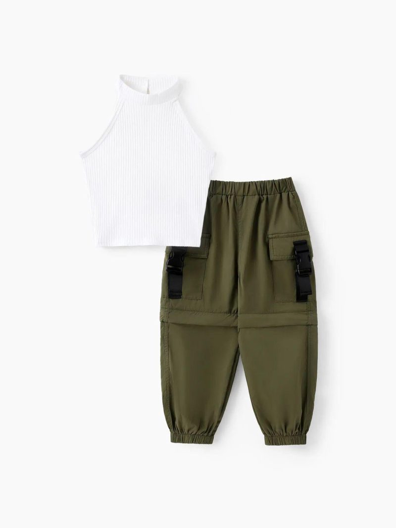 Sets | Girls|Toddler Girls 2pcs Halter Top and Dirt-proof Detachable Cargo Pants Set Darkgreen