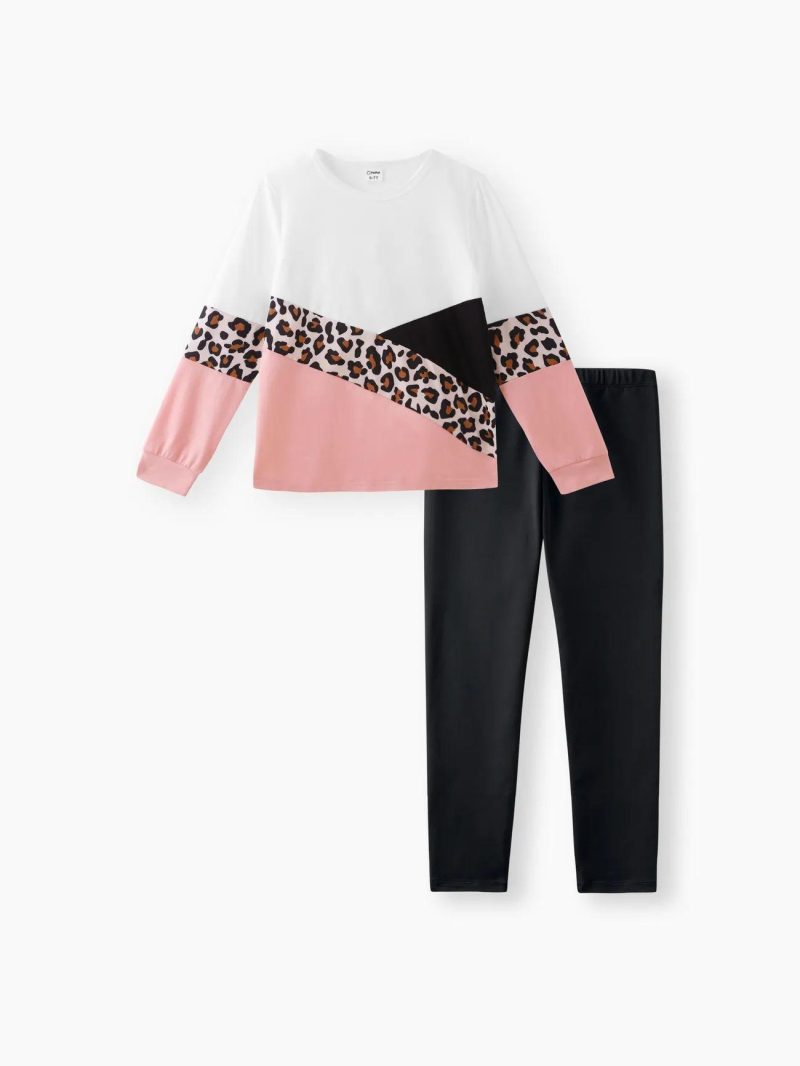 Sets | Girls|Toddler Girls 2pcs Leopard Print Colorblock Long-sleeve Tee and Black Leggings Set Colorblock