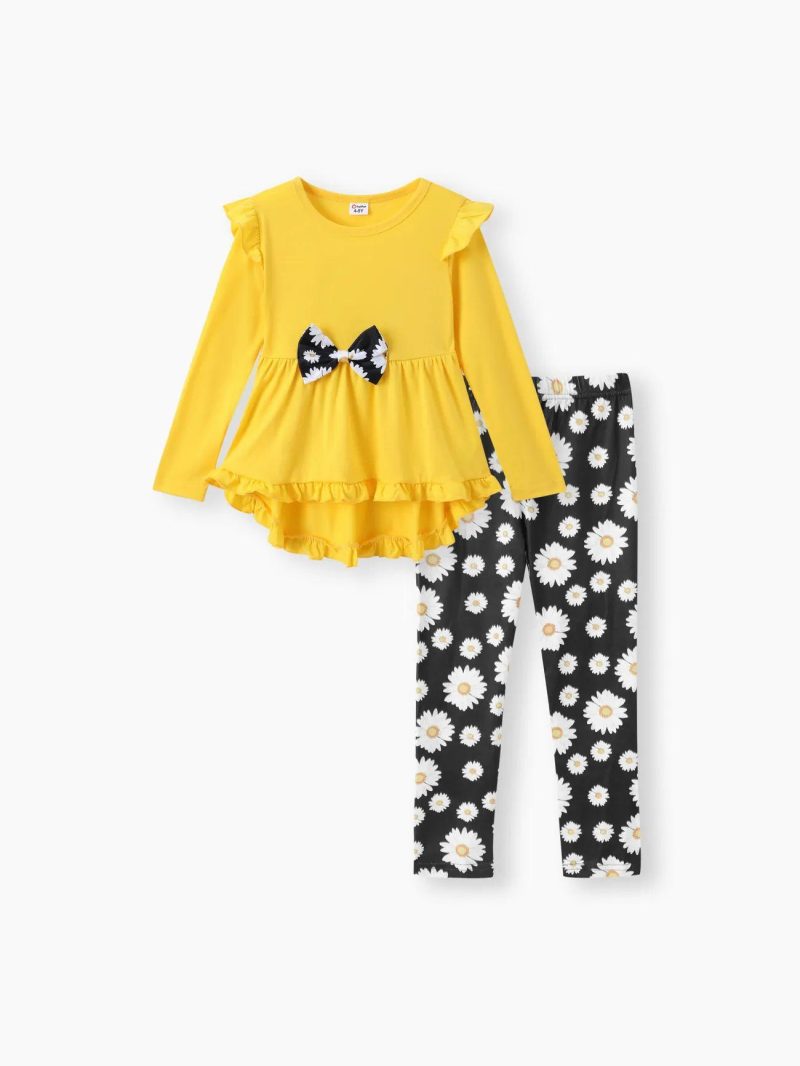 Sets | Girls|Toddler Girls 2pcs Ruffled Bowknot Design High Low Long-sleeve Tee and Floral Print Leggings Set Yellow