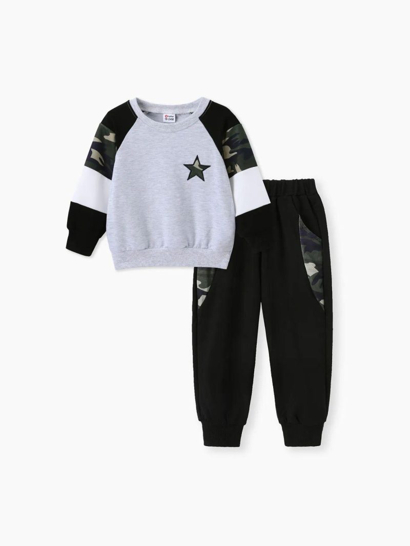 Sets | Toddler Boys 2-piece 100% Cotton Star Camouflage Print Raglan Sleeve Pullover and Black Pants Set Color Block