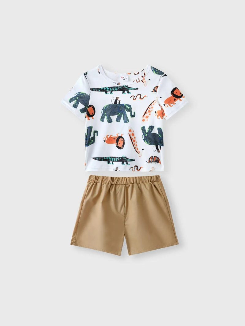 Sets | Toddler Boys 2-piece Animal Print Short-sleeve Tee and Elasticized Khaki Shorts Set Multi-Color