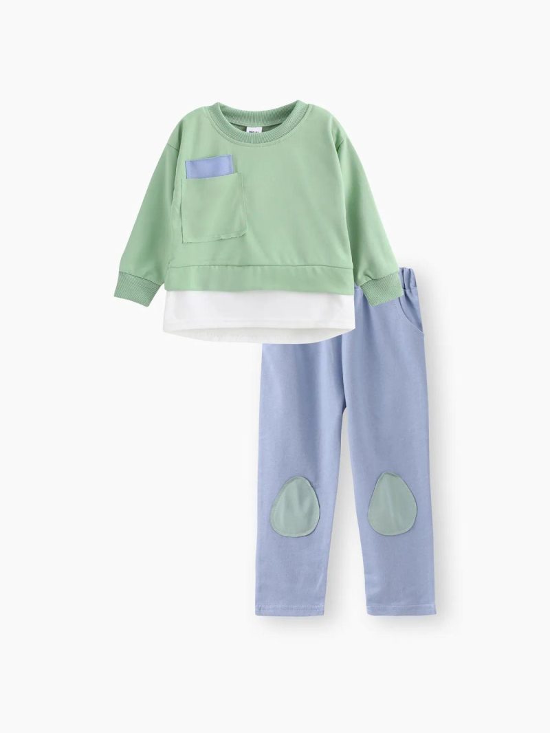 Sets | Toddler Boys 2-piece Letter Print Faux-two Pullover and Patchwork Pants Set Green|Khaki