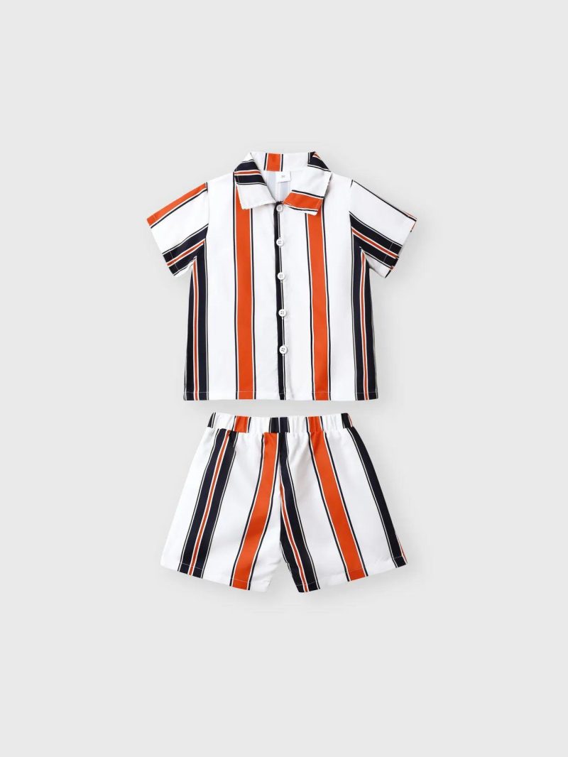 Sets | Toddler Boys 2pcs Boho Stripe Lapel Collar Shirt and Shorts Set White