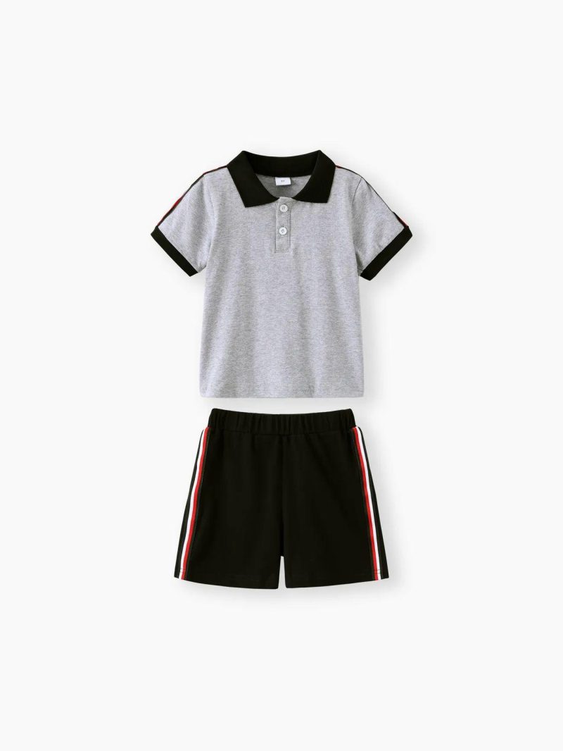 Sets | Toddler Boys 2pcs Casual Colorblock Striped Polo Shirt and Shorts Set Light Grey|Black