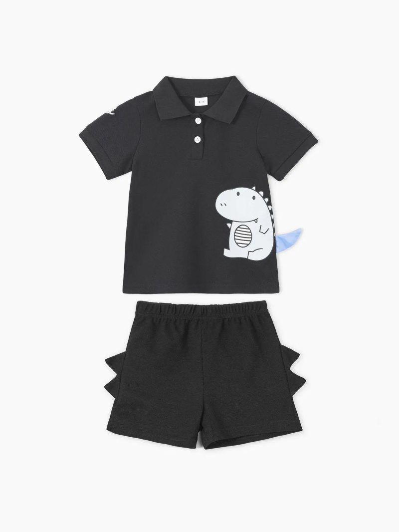 Sets | Toddler Boys 2pcs Casual Dinosaur Print Polo Shirt & Spike Design Shorts Set Dark Blue