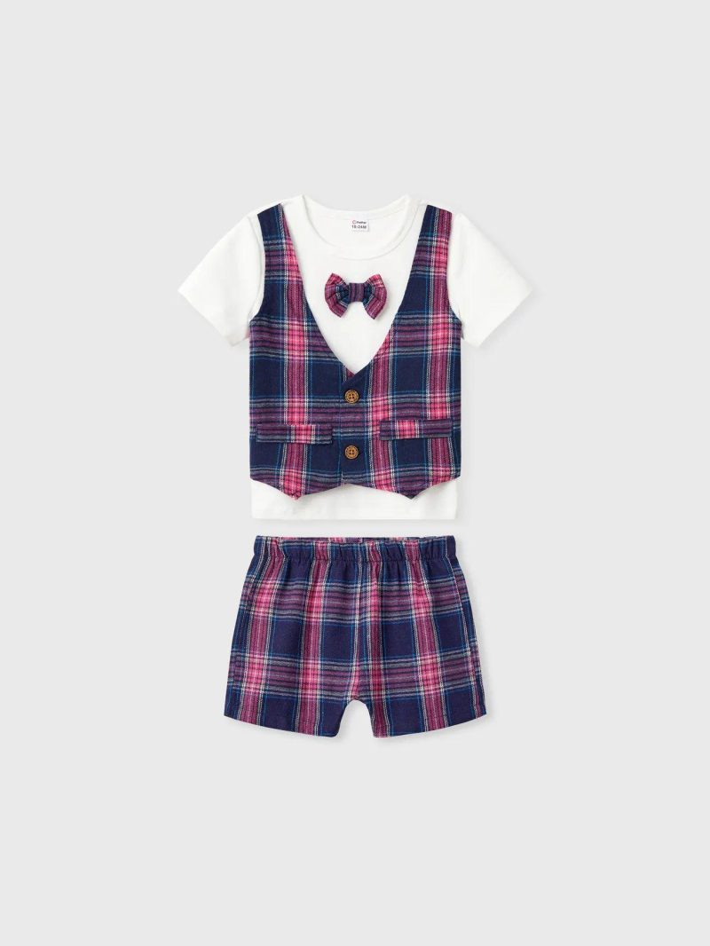 Sets | Toddler Boys 2pcs Classic Grid Print Bowknot Faux-two Tee and Shorts Set Colorblock