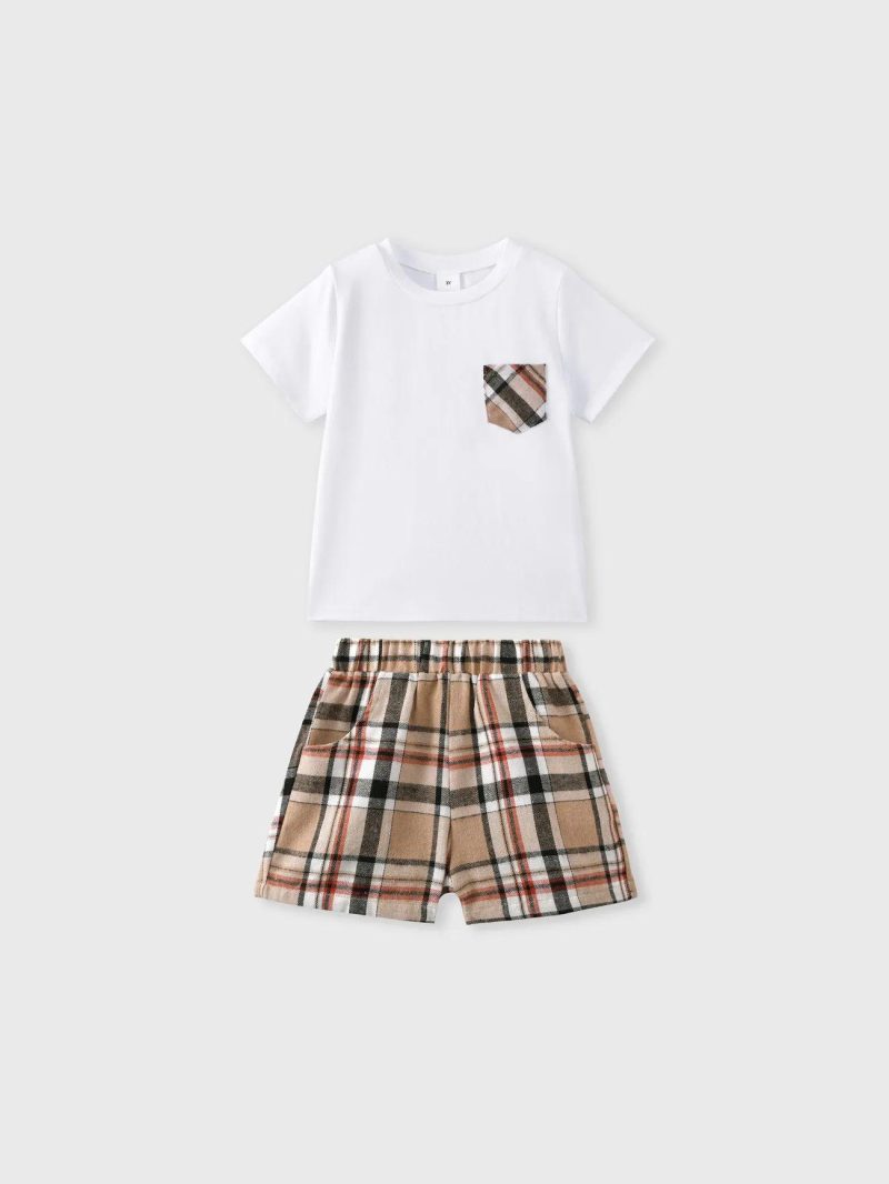 Sets | Toddler Boys 2pcs Classic Pocket Design Tee and Plaid Shorts Set White|Black