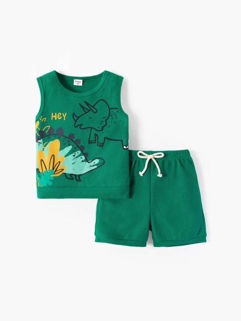 Sets | Toddler Boys 2pcs Dino Print Tank Top and Shorts Set Green|Yellow