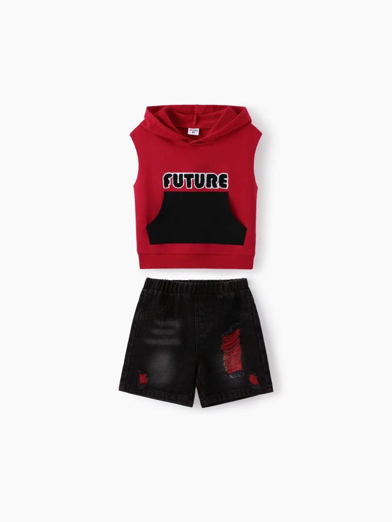 Sets | Toddler Boys 2pcs Hooded Tank Top and Ripped Denim Shorts Set Red