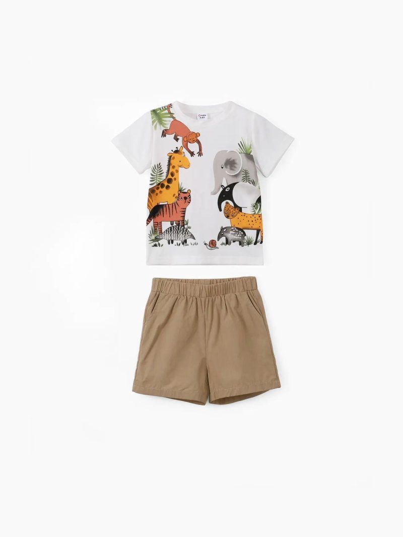 Sets | Toddler Boys 2pcs Playful Animal Print Tee and Shorts Set White|Grey