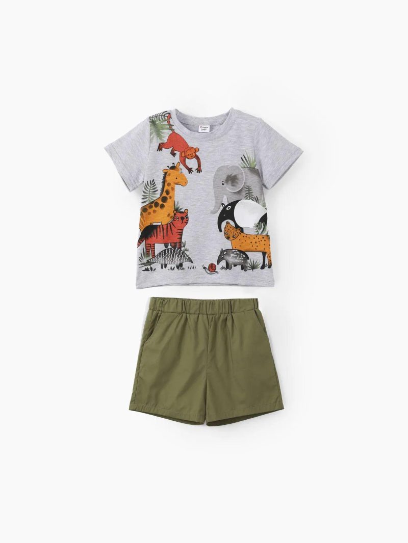 Sets | Toddler Boys 2pcs Playful Animal Print Tee and Shorts Set White|Grey