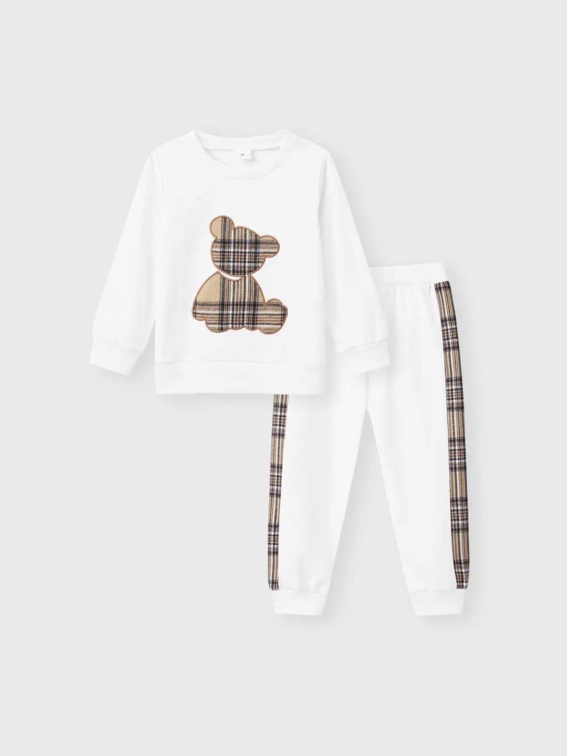 Sets | Toddler Boys 2pcs Playful Bear Embroidered Sweatshirt and Plaid Splice Pants Set White