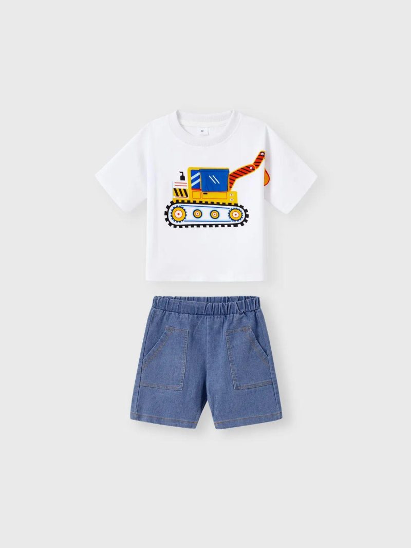 Sets | Toddler Boys 2pcs Playful Denim Pocket Design Shorts and Vehicle Print Tee set White