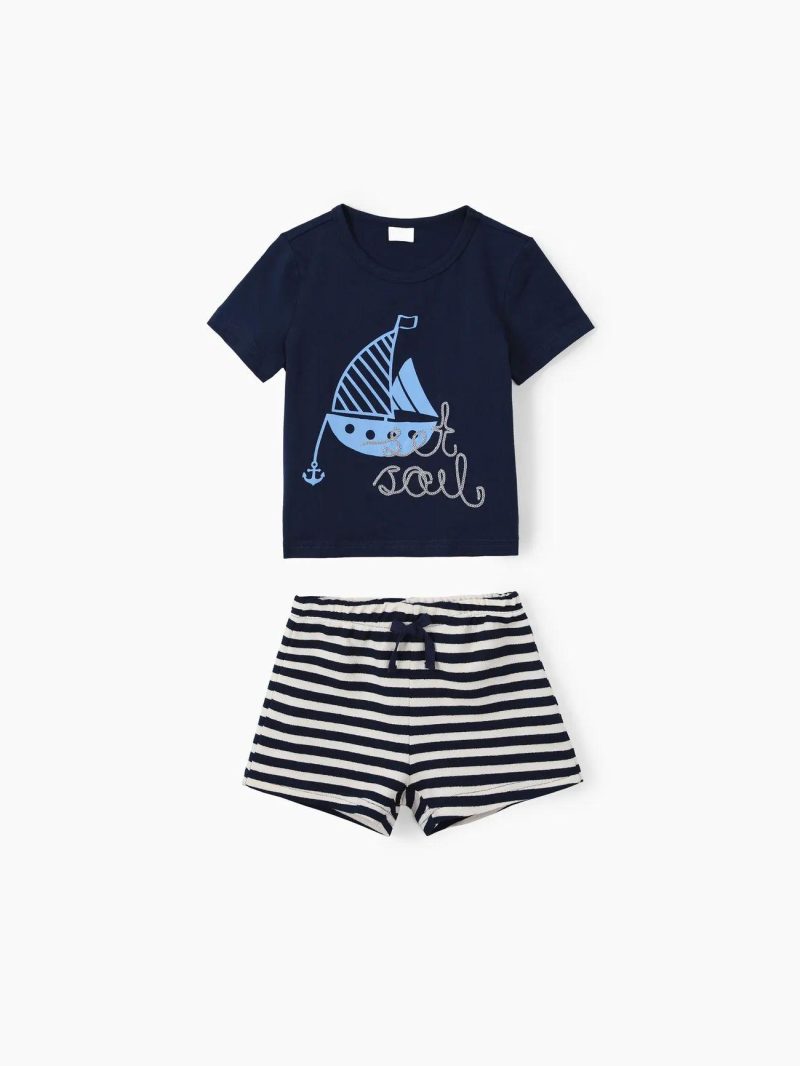 Sets | Toddler Boys 2pcs Sailboat Print Tee and Striped Shorts Set Dark Blue