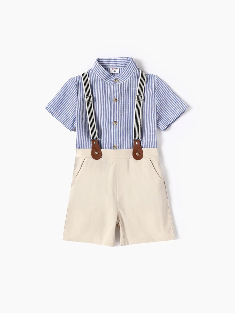 Sets | Toddler Boys 2pcs Solid/Striped Shirt and Overalls Set Brown|Blue