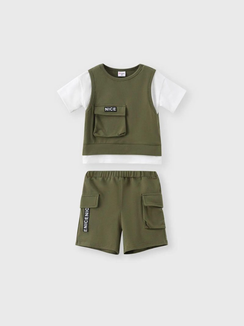 Sets | Toddler Boys 2pcs Trendy Patch Pocket Short-sleeve Cotton Top and Cargo Shorts Set Army Green