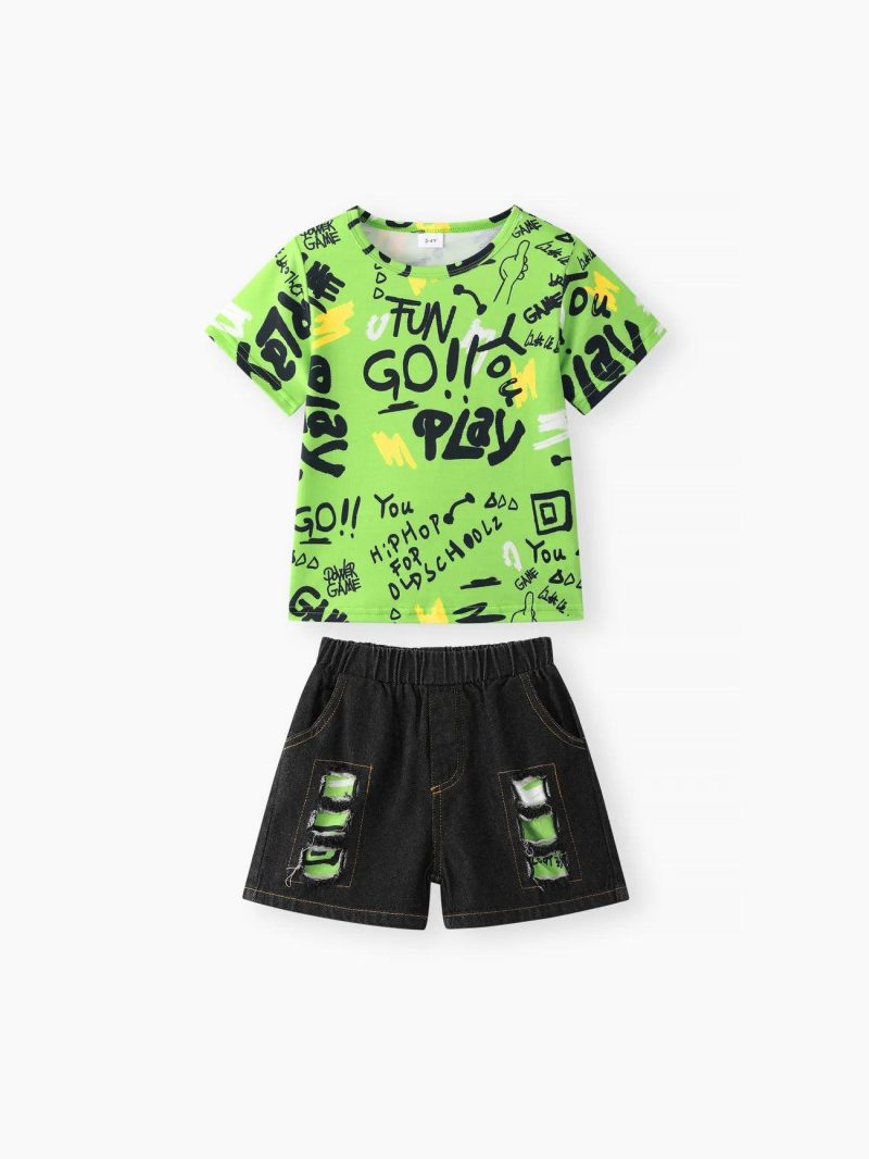 Sets | Toddler Boys 2pcs Trendy Ripped Denim Shorts and Letter Print Tee Set Pale Green