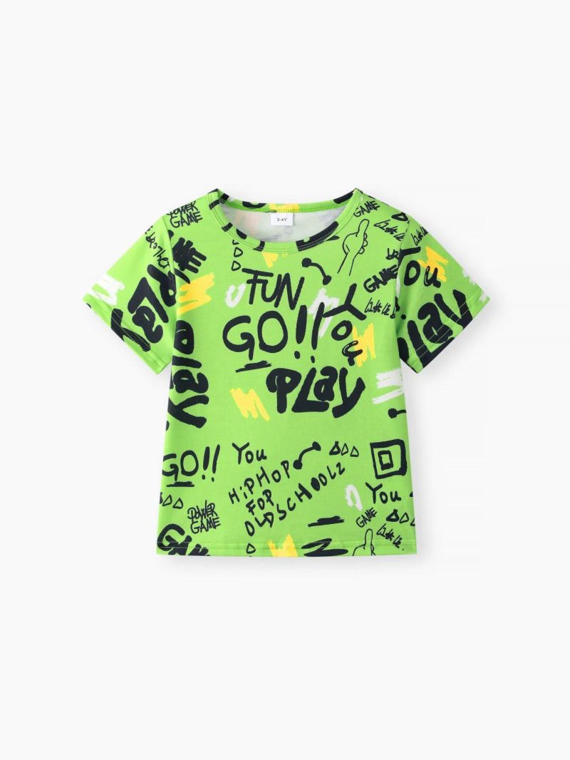 Sets | Toddler Boys 2pcs Trendy Ripped Denim Shorts and Letter Print Tee Set Pale Green