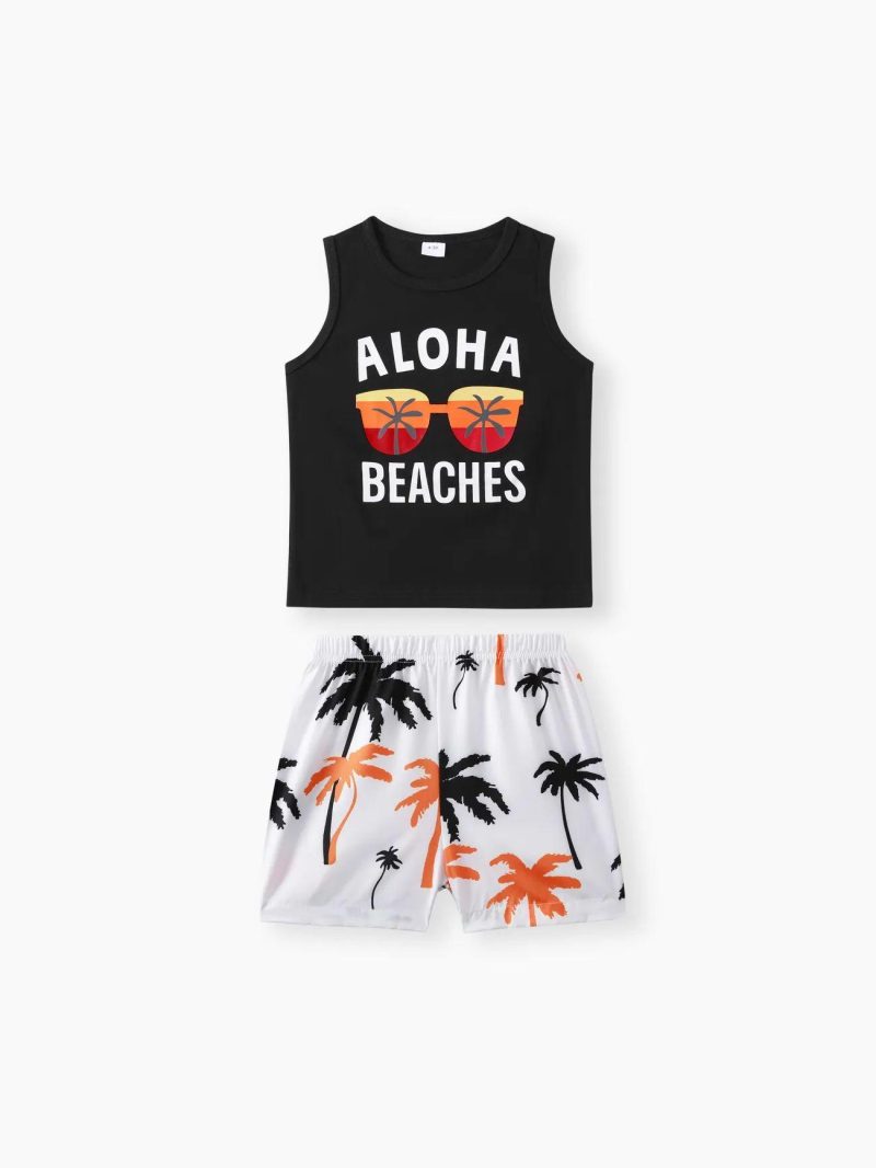 Sets | Toddler Boys 2pcs Vacation Floral Letter Print Tank Top and Shorts Set Black